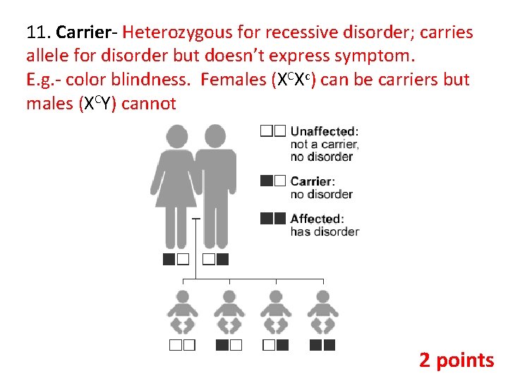 11. Carrier- Heterozygous for recessive disorder; carries allele for disorder but doesn’t express symptom.