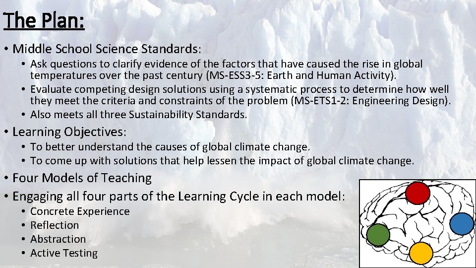 The Plan: • Middle School Science Standards: • Ask questions to clarify evidence of