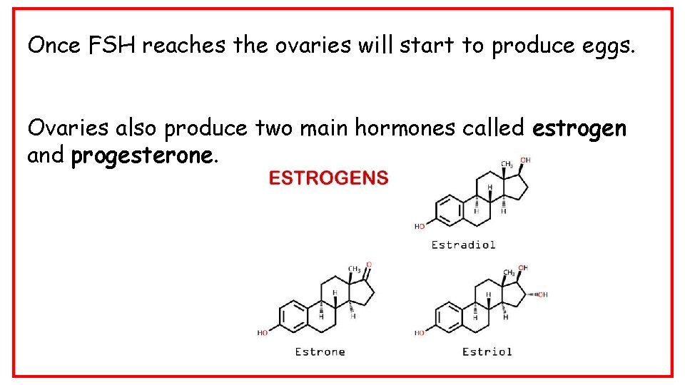 Once FSH reaches the ovaries will start to produce eggs. Ovaries also produce two