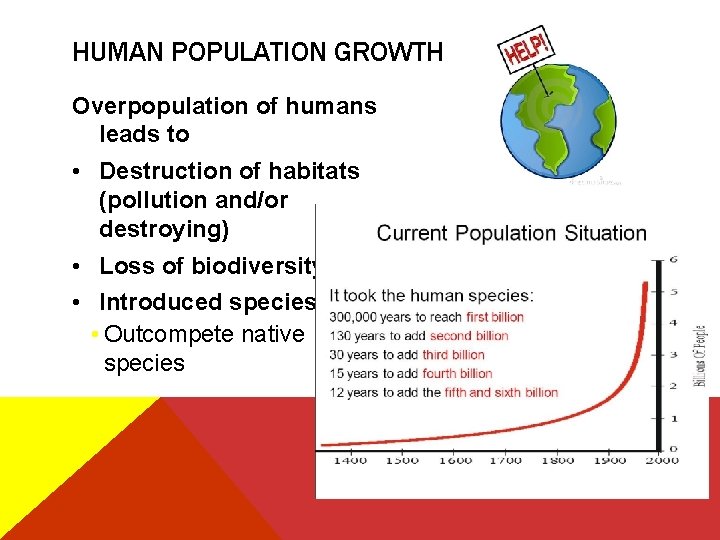 HUMAN POPULATION GROWTH Overpopulation of humans leads to • Destruction of habitats (pollution and/or