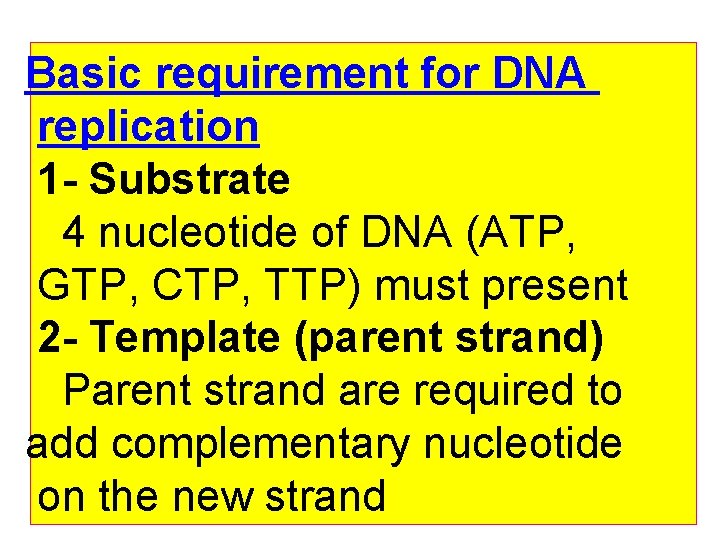 Basic requirement for DNA replication 1 - Substrate 4 nucleotide of DNA (ATP, GTP,
