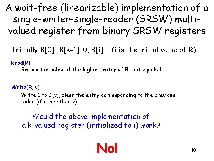 A wait-free (linearizable) implementation of a single-writer-single-reader (SRSW) multivalued register from binary SRSW registers