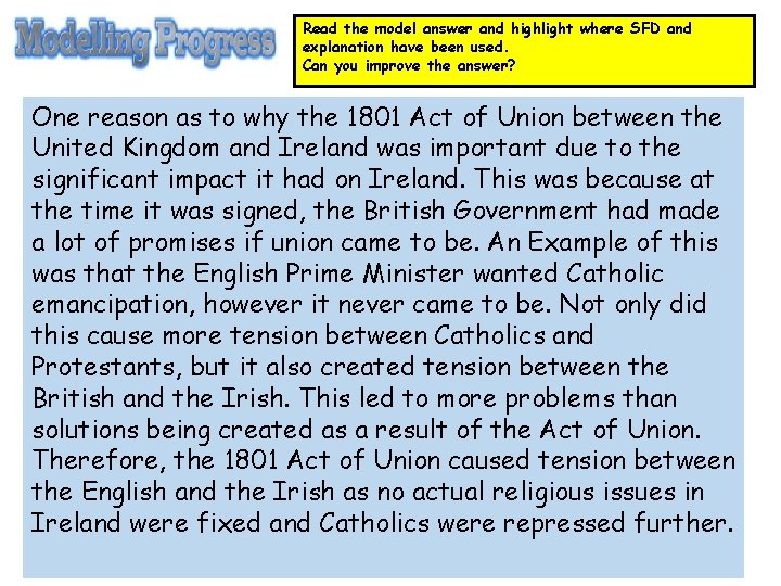 Read the model answer and highlight where SFD and explanation have been used. Can