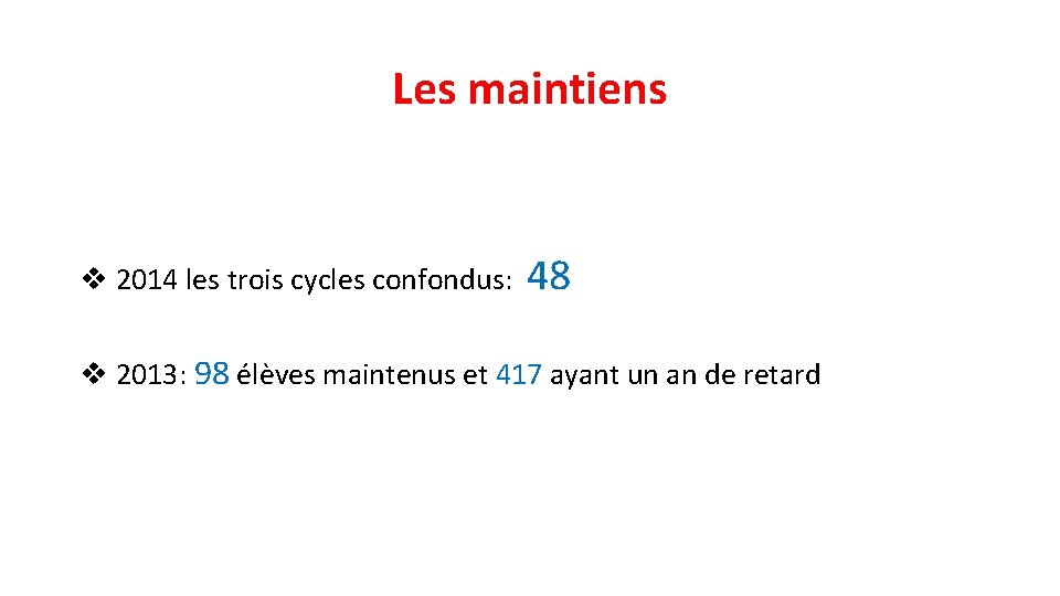 Les maintiens v 2014 les trois cycles confondus: 48 v 2013: 98 élèves maintenus