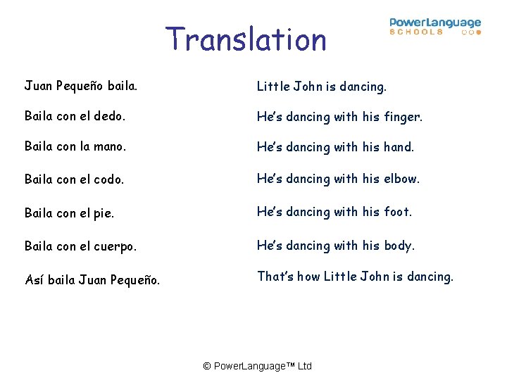 Translation Juan Pequeño baila. Little John is dancing. Baila con el dedo. He’s dancing Translation Juan Pequeño baila. Little John is dancing. Baila con el dedo. He’s dancing
