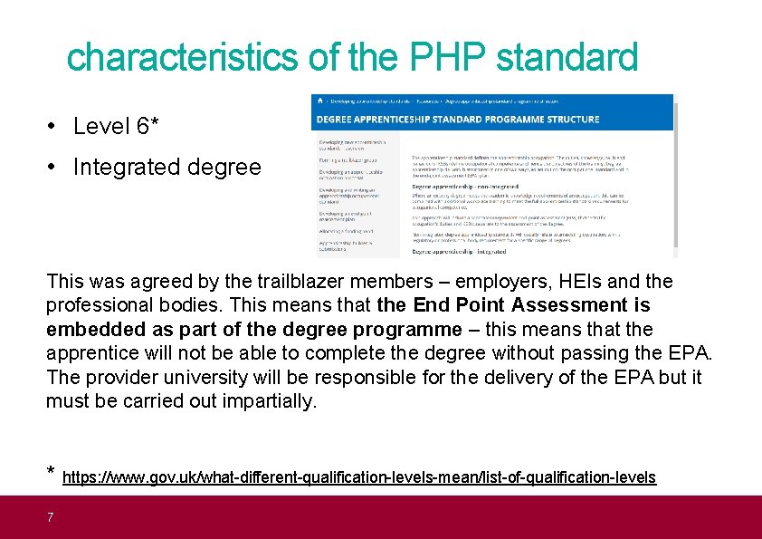 characteristics of the PHP standard • Level 6* • Integrated degree This was agreed