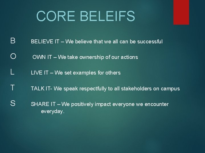 CORE BELEIFS B O BELIEVE IT – We believe that we all can be