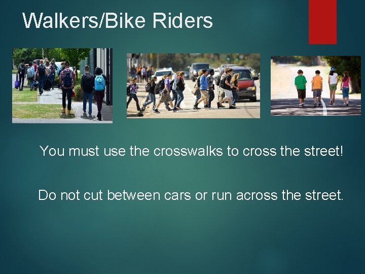 Walkers/Bike Riders You must use the crosswalks to cross the street! Do not cut