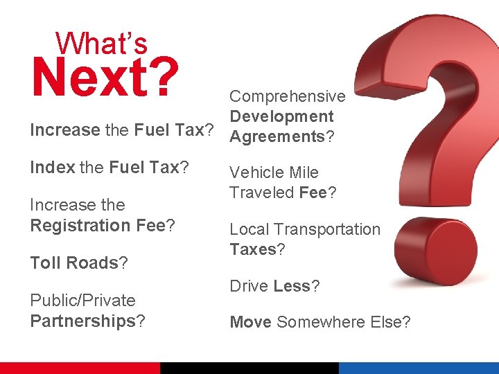 What’s Next? Comprehensive Development Increase the Fuel Tax? Agreements? Index the Fuel Tax? Increase