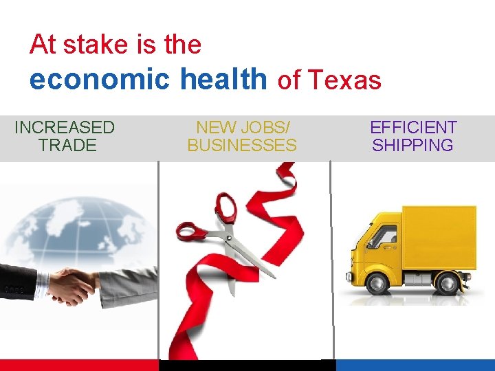 At stake is the economic health of Texas INCREASED TRADE NEW JOBS/ BUSINESSES EFFICIENT