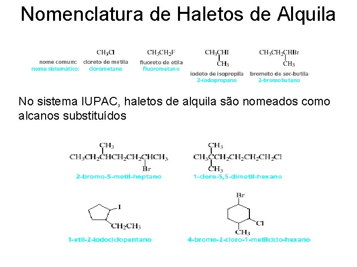 Nomenclatura de Haletos de Alquila No sistema IUPAC, haletos de alquila são nomeados como