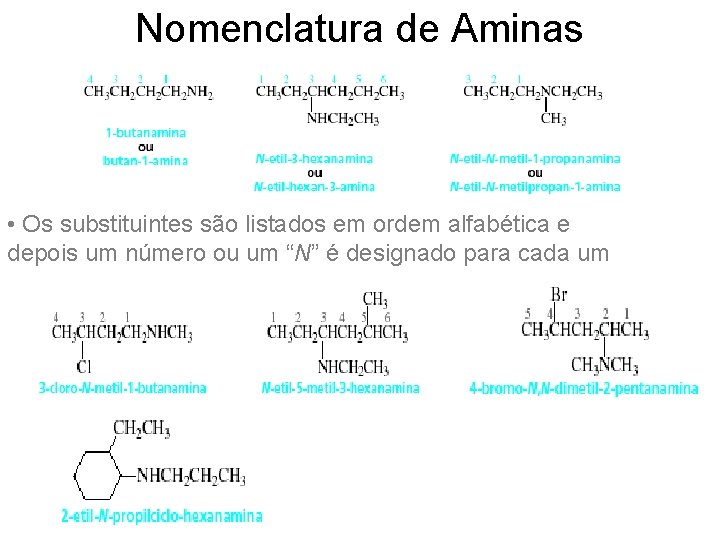 Nomenclatura de Aminas • Os substituintes são listados em ordem alfabética e depois um