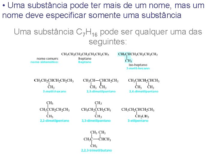  • Uma substância pode ter mais de um nome, mas um nome deve