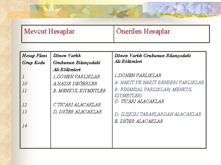 Mevcut Hesaplar Hesap Planı Grup Kodu 1 10 11 Dönen Varlık Grubunun Bilançodaki Alt