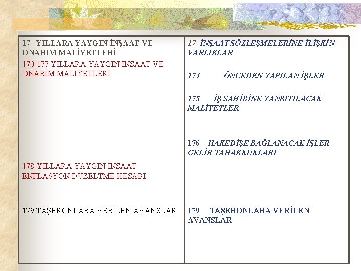 17 YILLARA YAYGIN İNŞAAT VE ONARIM MALİYETLERİ 170 -177 YILLARA YAYGIN İNŞAAT VE ONARIM