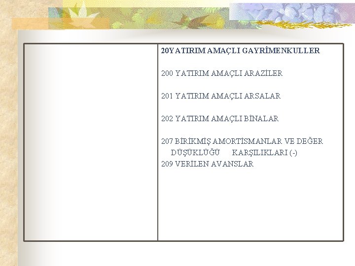 20 YATIRIM AMAÇLI GAYRİMENKULLER 200 YATIRIM AMAÇLI ARAZİLER 201 YATIRIM AMAÇLI ARSALAR 202 YATIRIM