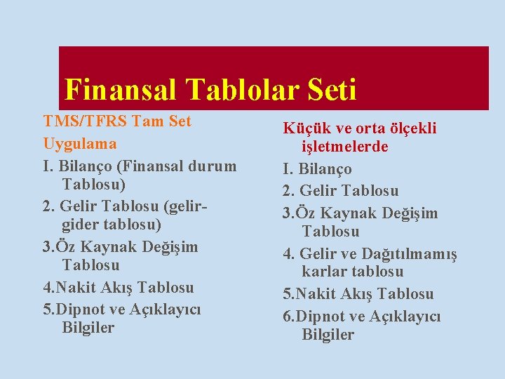 Finansal Tablolar Seti TMS/TFRS Tam Set Uygulama I. Bilanço (Finansal durum Tablosu) 2. Gelir