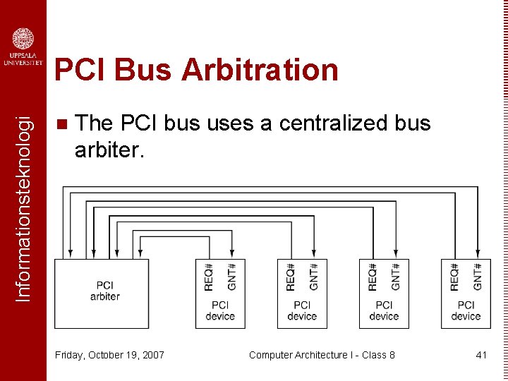 Informationsteknologi PCI Bus Arbitration n The PCI bus uses a centralized bus arbiter. Friday,