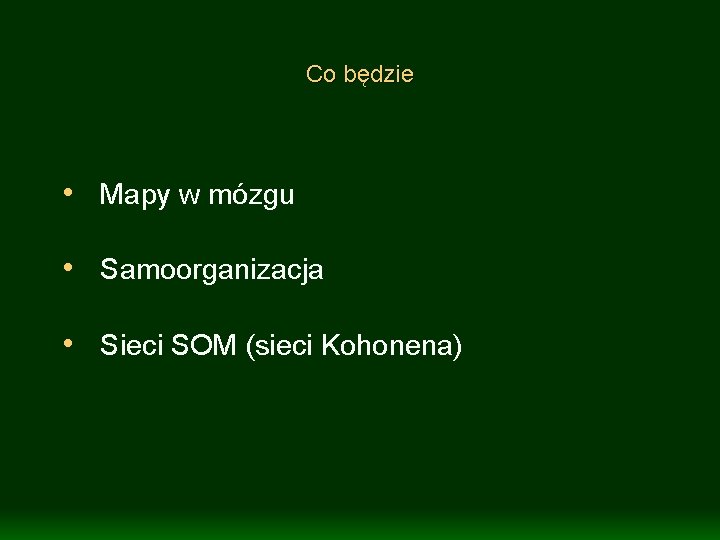 Co będzie • Mapy w mózgu • Samoorganizacja • Sieci SOM (sieci Kohonena) 