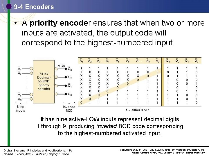 9 -4 Encoders • A priority encoder ensures that when two or more inputs