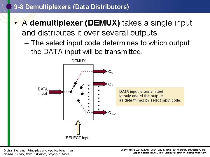 9 -8 Demultiplexers (Data Distributors) • A demultiplexer (DEMUX) takes a single input and