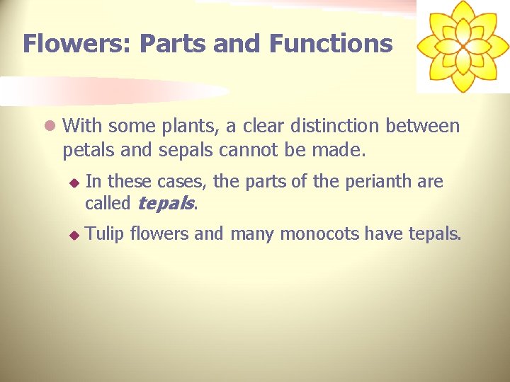 Flowers: Parts and Functions l With some plants, a clear distinction between petals and