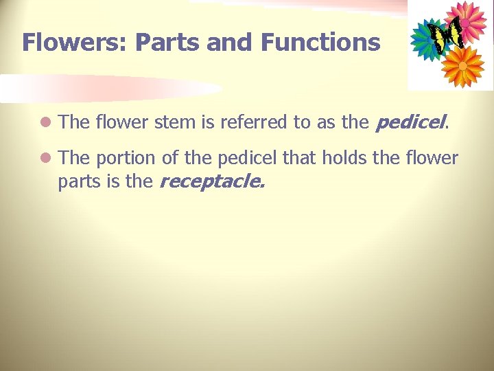 Flowers: Parts and Functions l The flower stem is referred to as the pedicel.