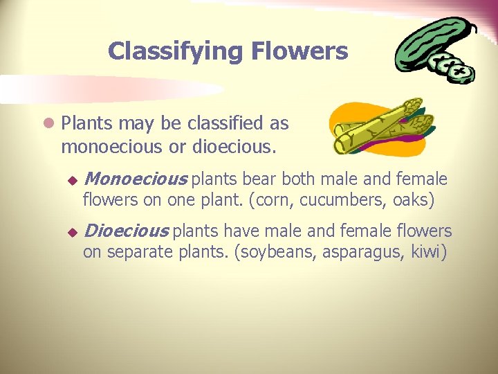 Classifying Flowers l Plants may be classified as monoecious or dioecious. u Monoecious plants