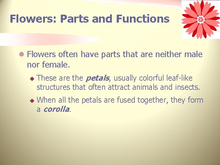 Flowers: Parts and Functions l Flowers often have parts that are neither male nor