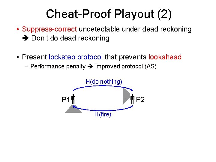 Cheat-Proof Playout (2) • Suppress-correct undetectable under dead reckoning Don’t do dead reckoning •