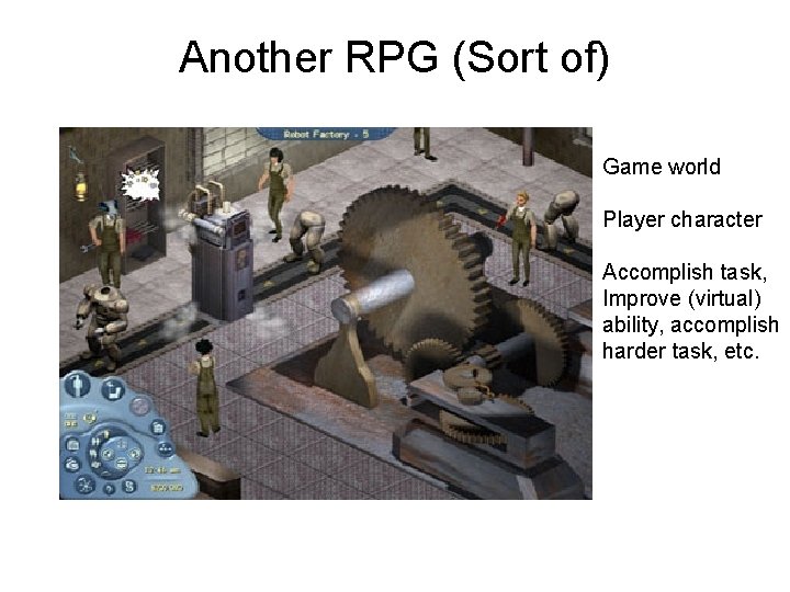 Another RPG (Sort of) Game world Player character Accomplish task, Improve (virtual) ability, accomplish