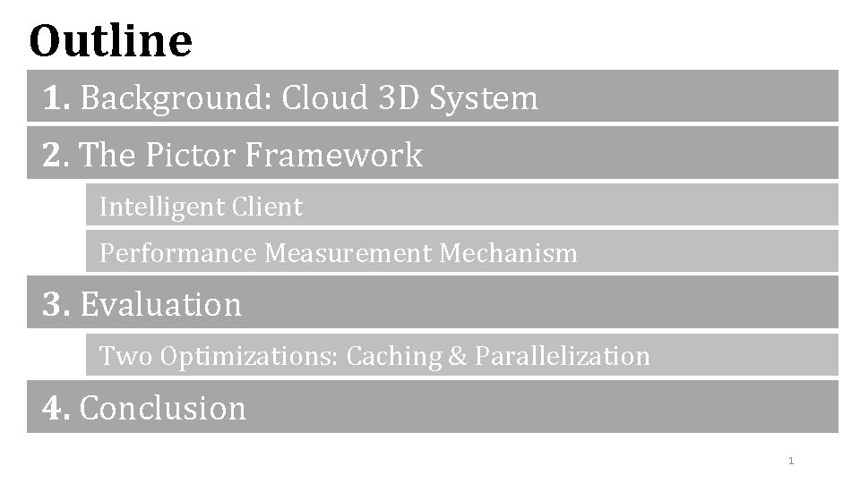 Outline 1. Background: Cloud 3 D System 2. The Pictor Framework Intelligent Client Performance