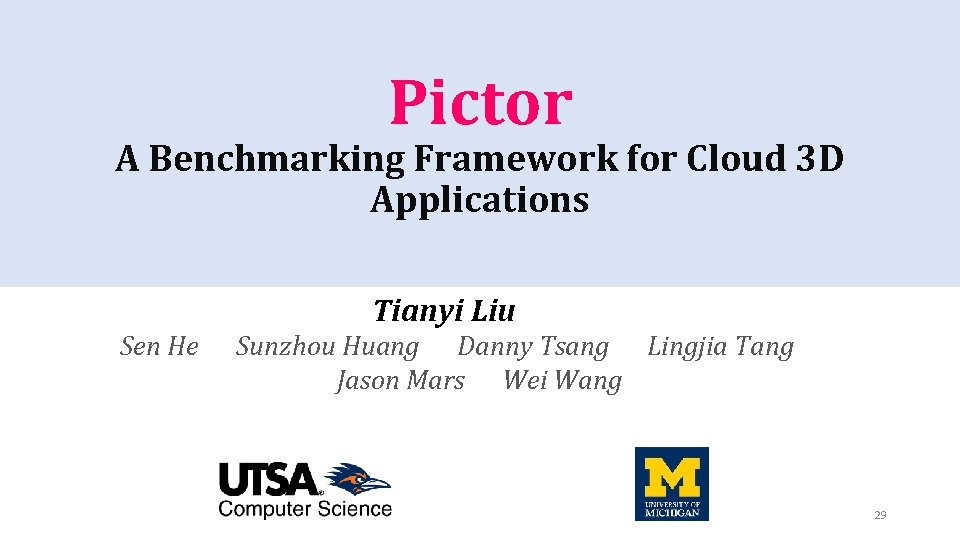 Pictor A Benchmarking Framework for Cloud 3 D Applications Tianyi Liu Sen He Sunzhou
