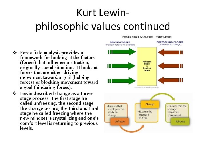 Kurt Lewinphilosophic values continued v Force field analysis provides a framework for looking at