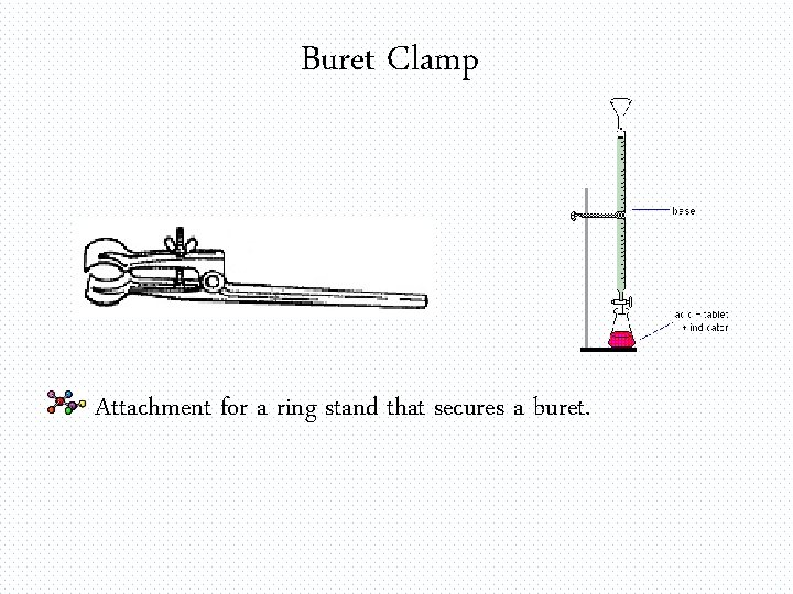 Buret Clamp Attachment for a ring stand that secures a buret. 