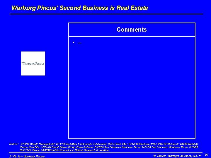 Warburg Pincus’ Second Business is Real Estate Comments • -- Source: 2/15/19 Wealth Management;