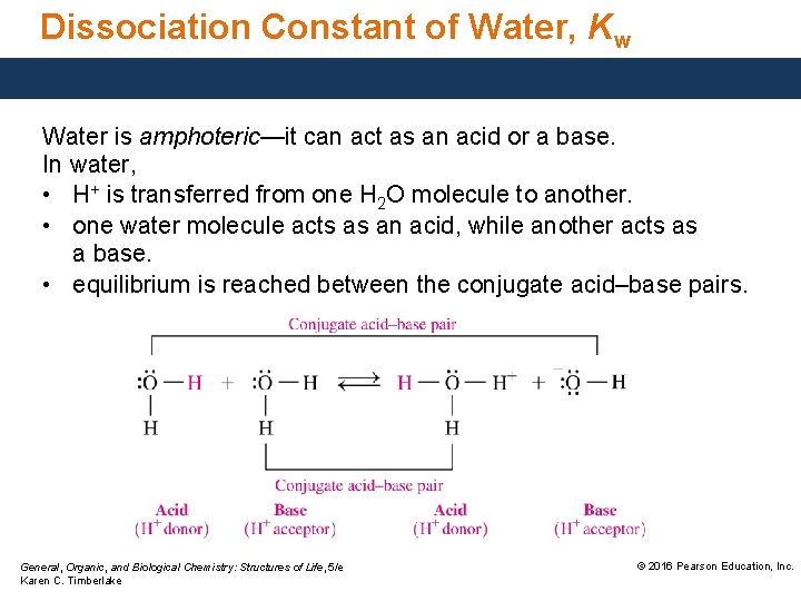 Dissociation Constant of Water, Kw Water is amphoteric—it can act as an acid or