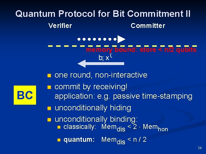 Quantum Protocol for Bit Commitment II Verifier Committer memory bound: store < n/2 qubits