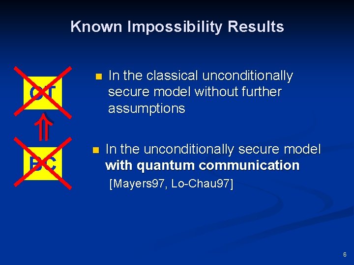 Known Impossibility Results In the classical unconditionally secure model without further assumptions n In