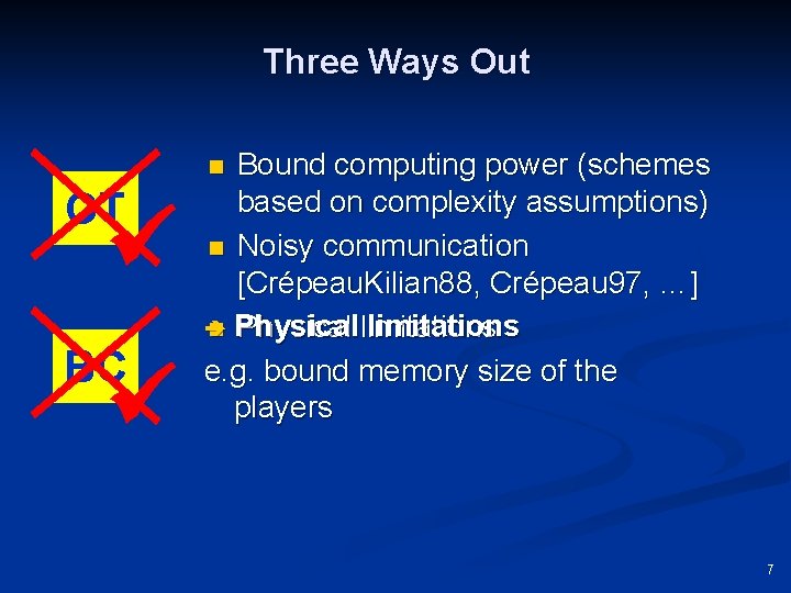 Three Ways Out Bound computing power (schemes based on complexity assumptions) n Noisy communication