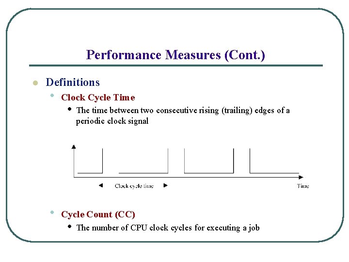 Performance Measures (Cont. ) l Definitions • • Clock Cycle Time • The time