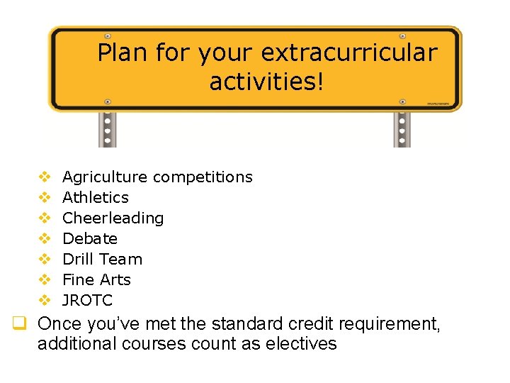 Plan for your extracurricular activities! v v v v Agriculture competitions Athletics Cheerleading Debate