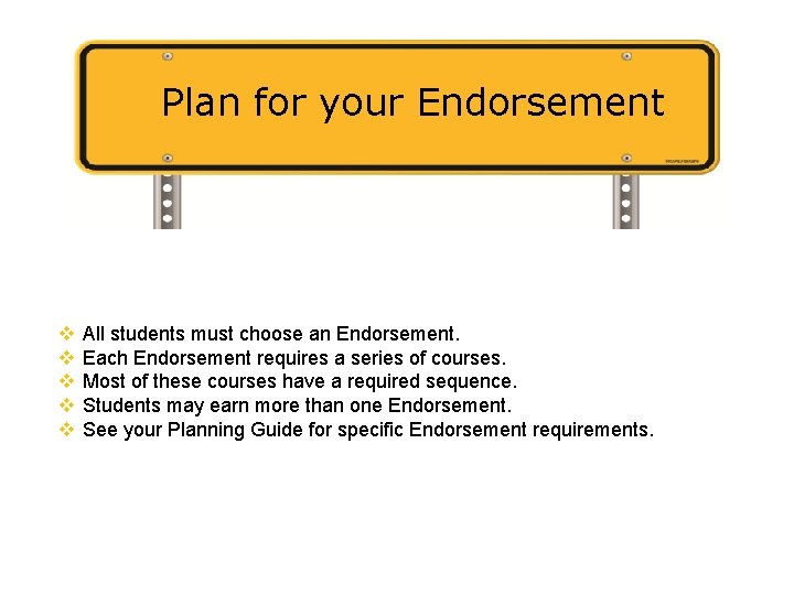 Plan for your Endorsement v v v All students must choose an Endorsement. Each