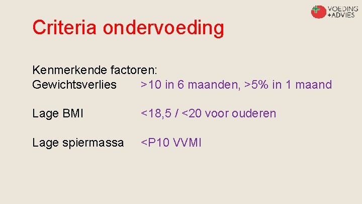 Criteria ondervoeding Kenmerkende factoren: Gewichtsverlies >10 in 6 maanden, >5% in 1 maand Lage