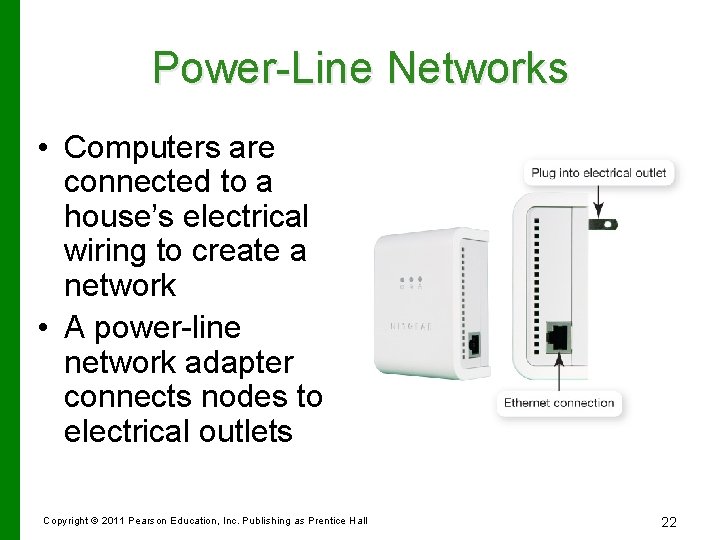 Power-Line Networks • Computers are connected to a house’s electrical wiring to create a