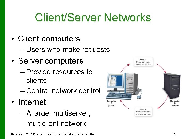 Client/Server Networks • Client computers – Users who make requests • Server computers –