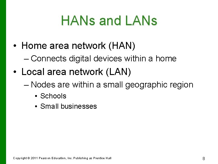 HANs and LANs • Home area network (HAN) – Connects digital devices within a