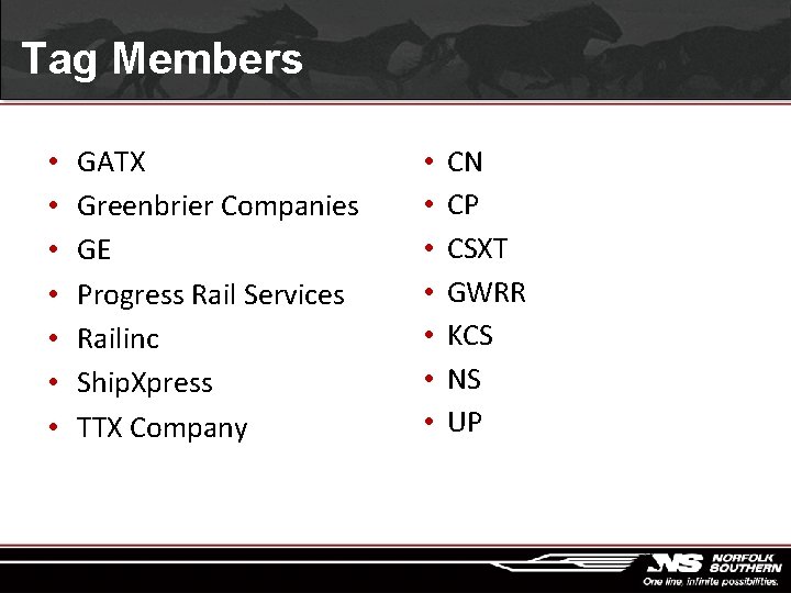 Tag Members • • GATX Greenbrier Companies GE Progress Rail Services Railinc Ship. Xpress