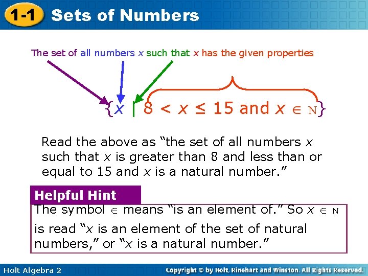 1 -1 Sets of Numbers The set of all numbers x such that x