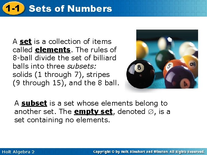 1 -1 Sets of Numbers A set is a collection of items called elements.